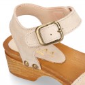 Suede Leather wooden Girl Sandal shoes CLOG style in fashion colors.