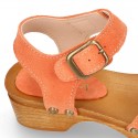 Suede Leather wooden Girl Sandal shoes CLOG style in fashion colors.