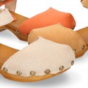 Suede Leather wooden Girl Sandal shoes CLOG style in fashion colors.