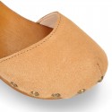 Suede Leather wooden Girl Sandal shoes CLOG style in fashion colors.