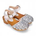 GLITTER Suede Leather wooden Girl Sandal shoes CLOG style.