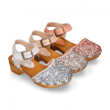 GLITTER Suede Leather wooden Girl Sandal shoes CLOG style.