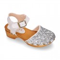 GLITTER Suede Leather wooden Girl Sandal shoes CLOG style.