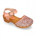 GLITTER Suede Leather wooden Girl Sandal shoes CLOG style.