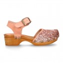 GLITTER Suede Leather wooden Girl Sandal shoes CLOG style.