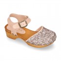 GLITTER Suede Leather wooden Girl Sandal shoes CLOG style.