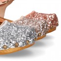 GLITTER Suede Leather wooden Girl Sandal shoes CLOG style.