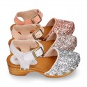 GLITTER Suede Leather wooden Girl Sandal shoes CLOG style.