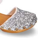 GLITTER Suede Leather wooden Girl Sandal shoes CLOG style.