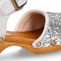 GLITTER Suede Leather wooden Girl Sandal shoes CLOG style.