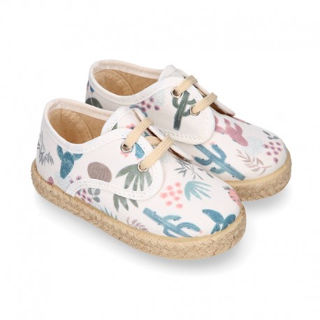 CACTUS design canvas Kids Laces up style espadrille shoes.