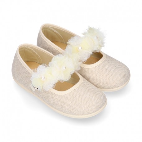 LINEN Cotton canvas girl ceremony Mary Jane shoes with flowers and pearls design.