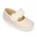 LINEN Cotton canvas girl ceremony Mary Jane shoes with flowers and pearls design.