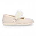 LINEN Cotton canvas girl ceremony Mary Jane shoes with flowers and pearls design.