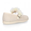 LINEN Cotton canvas girl ceremony Mary Jane shoes with flowers and pearls design.