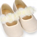 LINEN Cotton canvas girl ceremony Mary Jane shoes with flowers and pearls design.