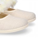 LINEN Cotton canvas girl ceremony Mary Jane shoes with flowers and pearls design.