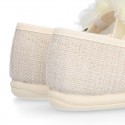 LINEN Cotton canvas girl ceremony Mary Jane shoes with flowers and pearls design.