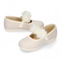 LINEN Cotton canvas girl ceremony Mary Jane shoes with flowers and pearls design.