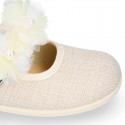 LINEN Cotton canvas girl ceremony Mary Jane shoes with flowers and pearls design.