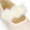 LINEN Cotton canvas girl ceremony Mary Jane shoes with flowers and pearls design.