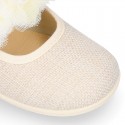 LINEN Cotton canvas girl ceremony Mary Jane shoes with flowers and pearls design.