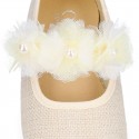 LINEN Cotton canvas girl ceremony Mary Jane shoes with flowers and pearls design.