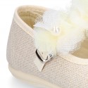 LINEN Cotton canvas girl ceremony Mary Jane shoes with flowers and pearls design.