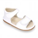 WHITE Nappa leather sandals for baby girls with double hook and loop closure.