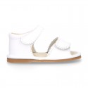 WHITE Nappa leather sandals for baby girls with double hook and loop closure.
