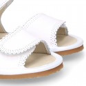 WHITE Nappa leather sandals for baby girls with double hook and loop closure.