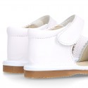 WHITE Nappa leather sandals for baby girls with double hook and loop closure.