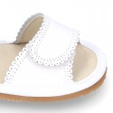 WHITE Nappa leather sandals for baby girls with double hook and loop closure.