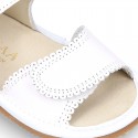 WHITE Nappa leather sandals for baby girls with double hook and loop closure.