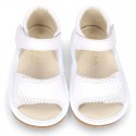 WHITE Nappa leather sandals for baby girls with double hook and loop closure.