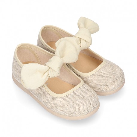 METAL LINEN cotton canvas little Mary Jane shoes with hook and loop strap closure with bow.