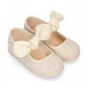 METAL LINEN cotton canvas little Mary Jane shoes with hook and loop strap closure with bow.