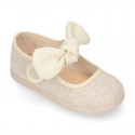 METAL LINEN cotton canvas little Mary Jane shoes with hook and loop strap closure with bow.