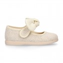 METAL LINEN cotton canvas little Mary Jane shoes with hook and loop strap closure with bow.