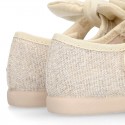 METAL LINEN cotton canvas little Mary Jane shoes with hook and loop strap closure with bow.