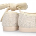 METAL LINEN cotton canvas little Mary Jane shoes with hook and loop strap closure with bow.