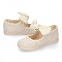 METAL LINEN cotton canvas little Mary Jane shoes with hook and loop strap closure with bow.