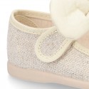 METAL LINEN cotton canvas little Mary Jane shoes with hook and loop strap closure with bow.