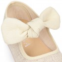 METAL LINEN cotton canvas little Mary Jane shoes with hook and loop strap closure with bow.