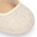 METAL LINEN cotton canvas little Mary Jane shoes with hook and loop strap closure with bow.