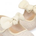 METAL LINEN cotton canvas little Mary Jane shoes with hook and loop strap closure with bow.