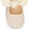 METAL LINEN cotton canvas little Mary Jane shoes with hook and loop strap closure with bow.