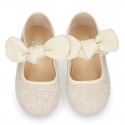 METAL LINEN cotton canvas little Mary Jane shoes with hook and loop strap closure with bow.