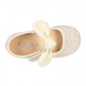 METAL LINEN cotton canvas little Mary Jane shoes with hook and loop strap closure with bow.