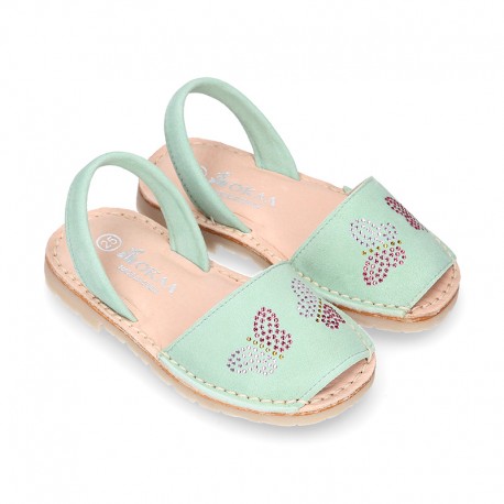 Mint soft leather girl Menorquina sandals with rear strap and BUTTERFLIES design.